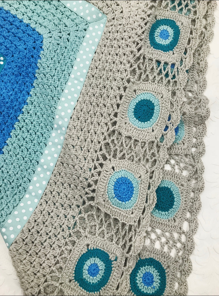 Aqua and Grey Hand Crocheted Blanket